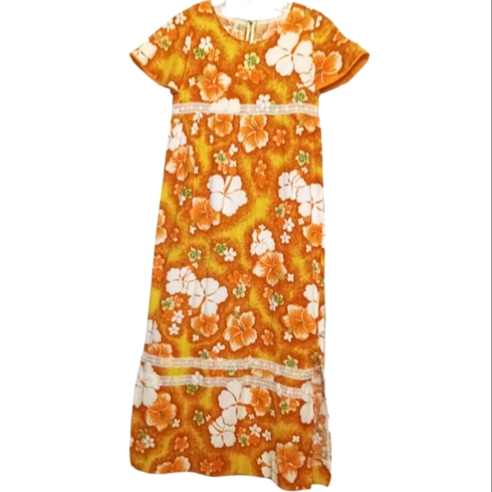 VTG 60's Handmade G.V.H. Hawaii Print Fabric Orange Floral Dress MEDIUM